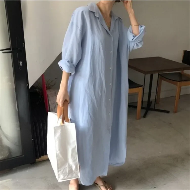 Elegant Loose Contrast Striped Edges Dress Women Casual Lapel V Neck Long Sleeve Straight Vestidos Spring Chic Female Homewear