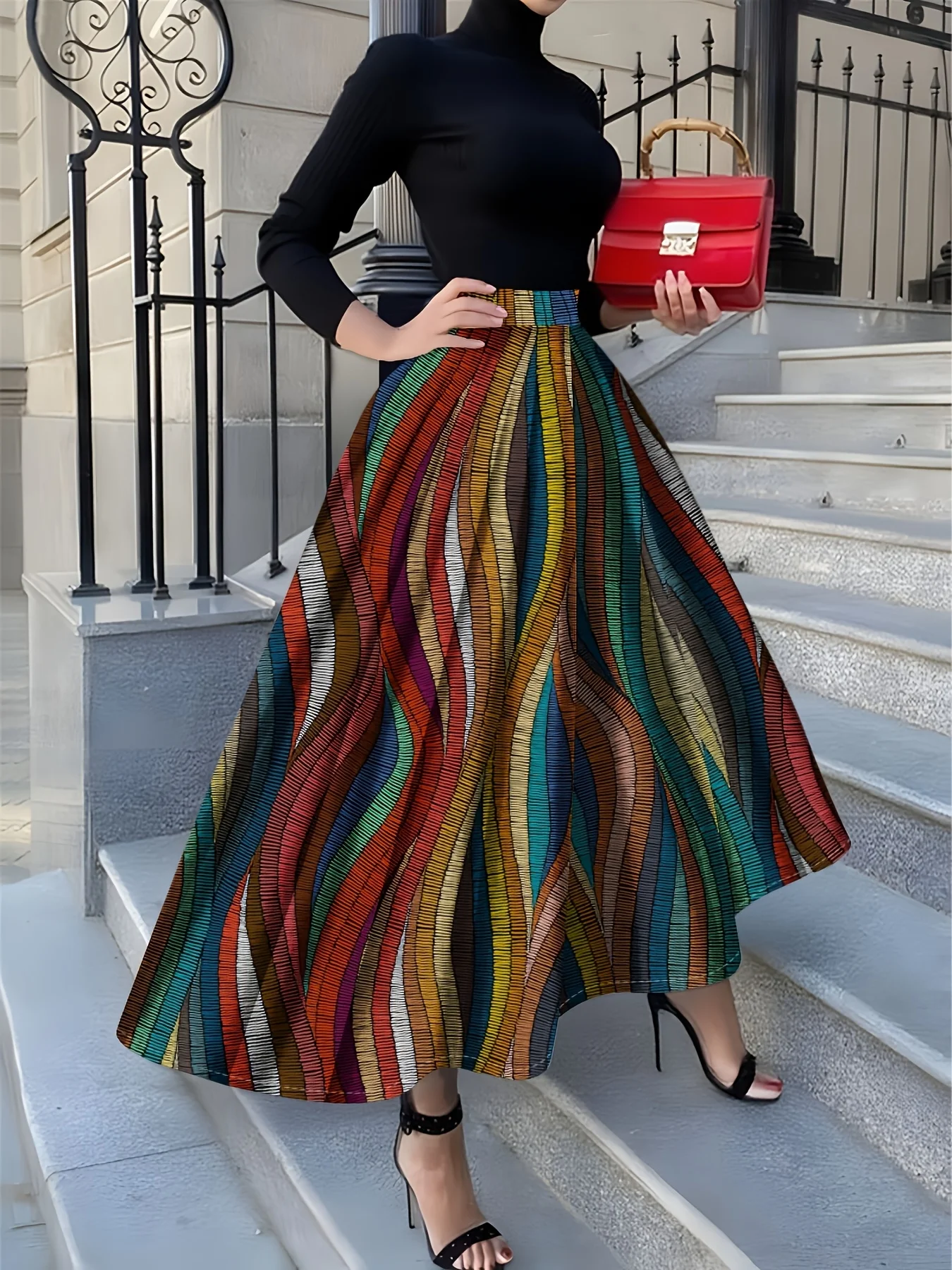 Printed Design four seasons casual style Colorful Striped Wavy Pattern Print half skirt