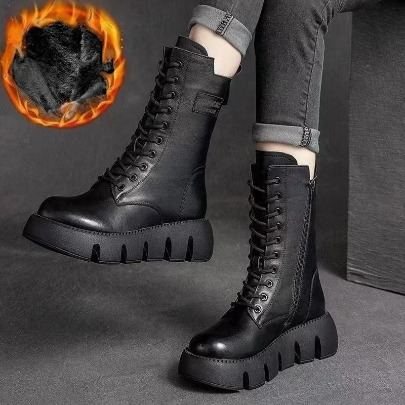 Woman Winter Boots 2025 New Black Round Toe Platform Zipper Mid-calf Boots Fashion PU Leather Short Plush Female Warm Snow Boots