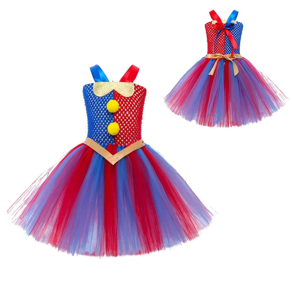 Girls Clown Tutu Princess Dress Colorful Shimmer Fancy Halloween Party Breathable Mesh Clothes Themed Role Play Performance Set