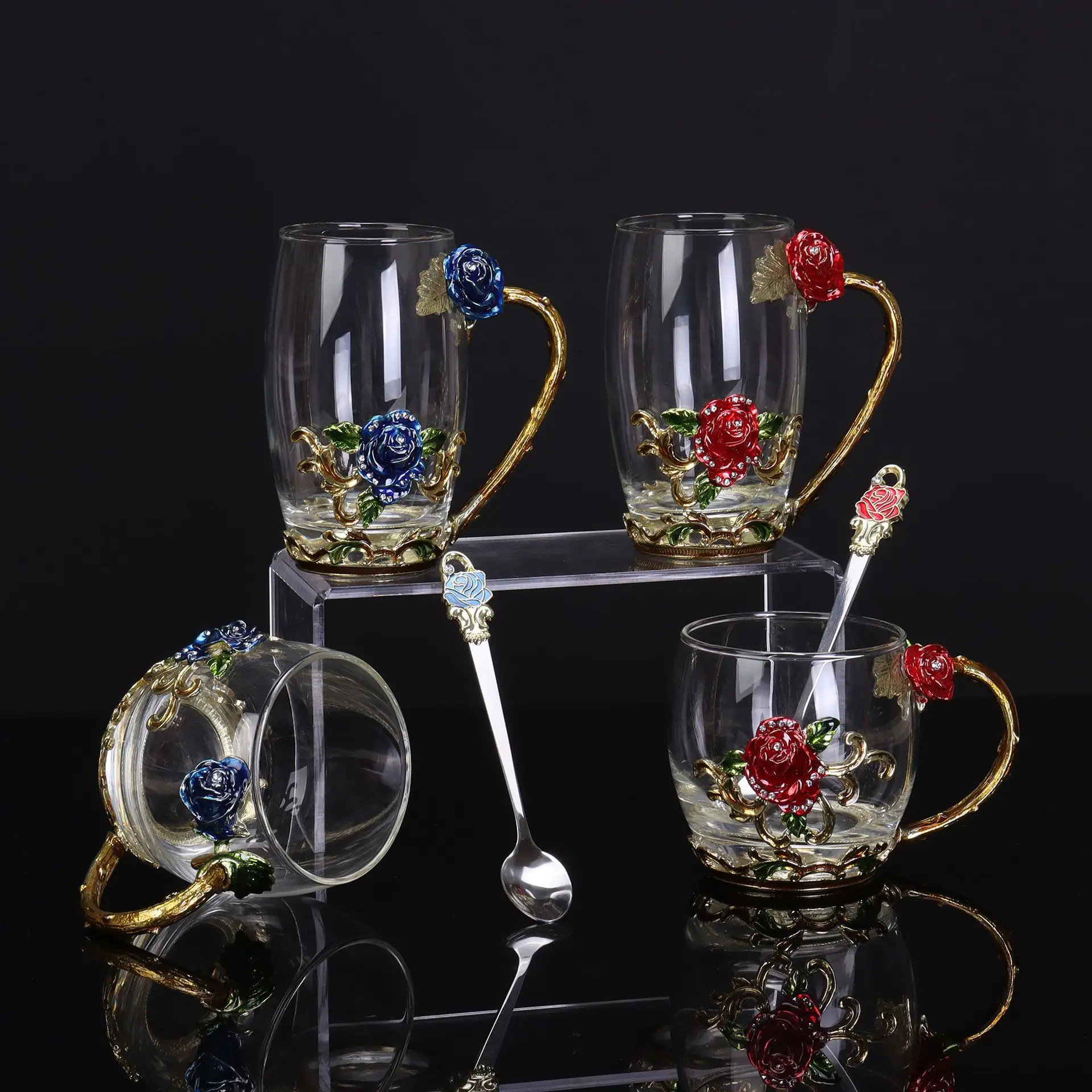 

New Rose Design Enamel Cup Set High Temperature Resistant Glass Tea Cup Creative Gift for Home Use
