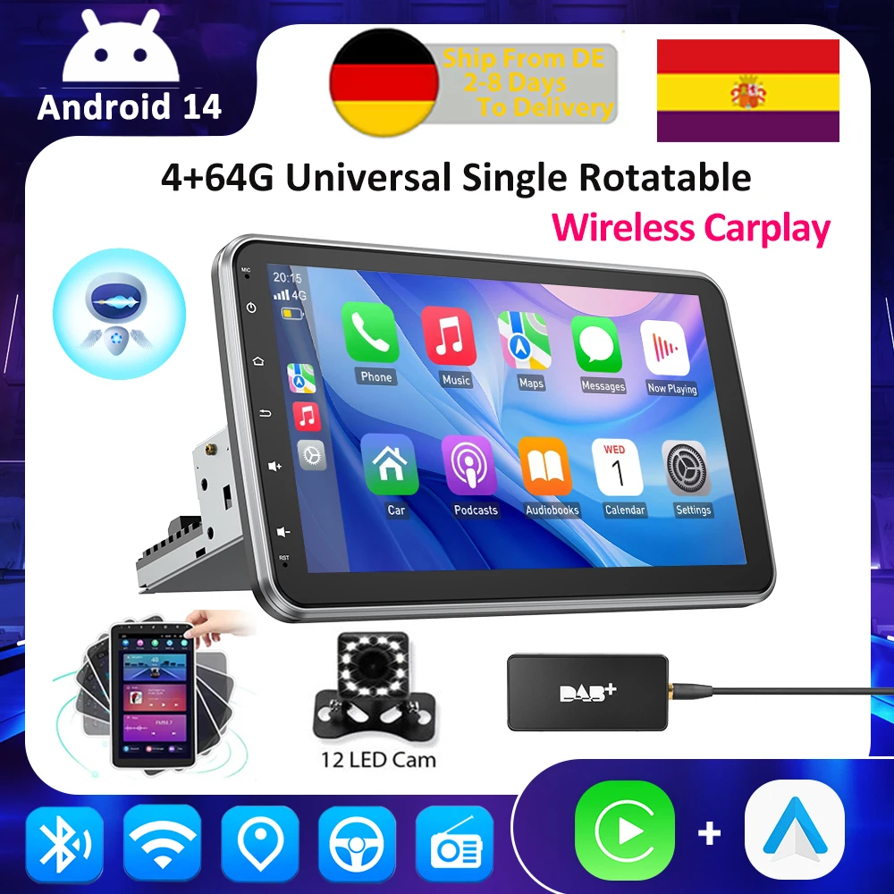 ESSGOO أندرويد 14 10.1 بوصة راديو سيارة عالمي واحد قابل للتدوير Carplay مشغل وسائط متعددة نظام تحديد المواقع نافي ستيريو للسيارات بلوتوث