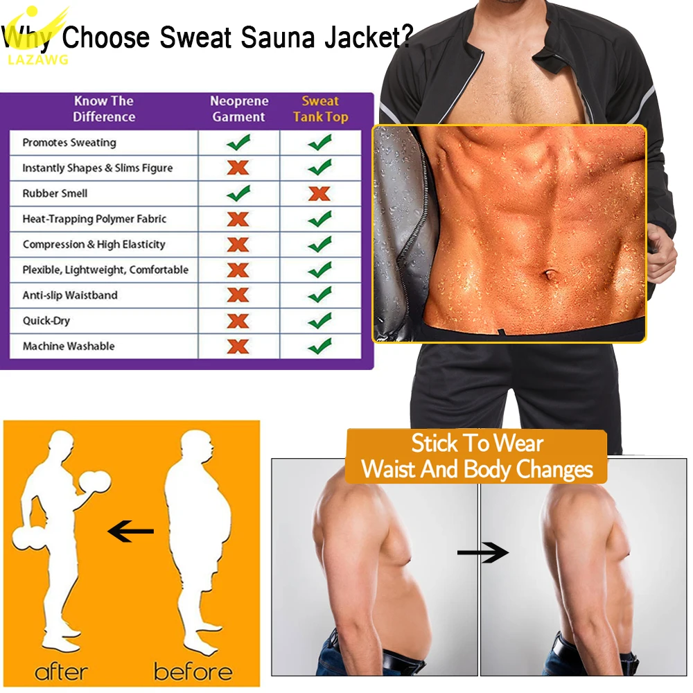 LAZAWG Setelan Sauna untuk Pria Celana Set Keringat Atasan Lengan Panjang Pelangsing Jaket Penurun Berat Badan Legging Latihan Kebugaran Pembakar Lemak Gym