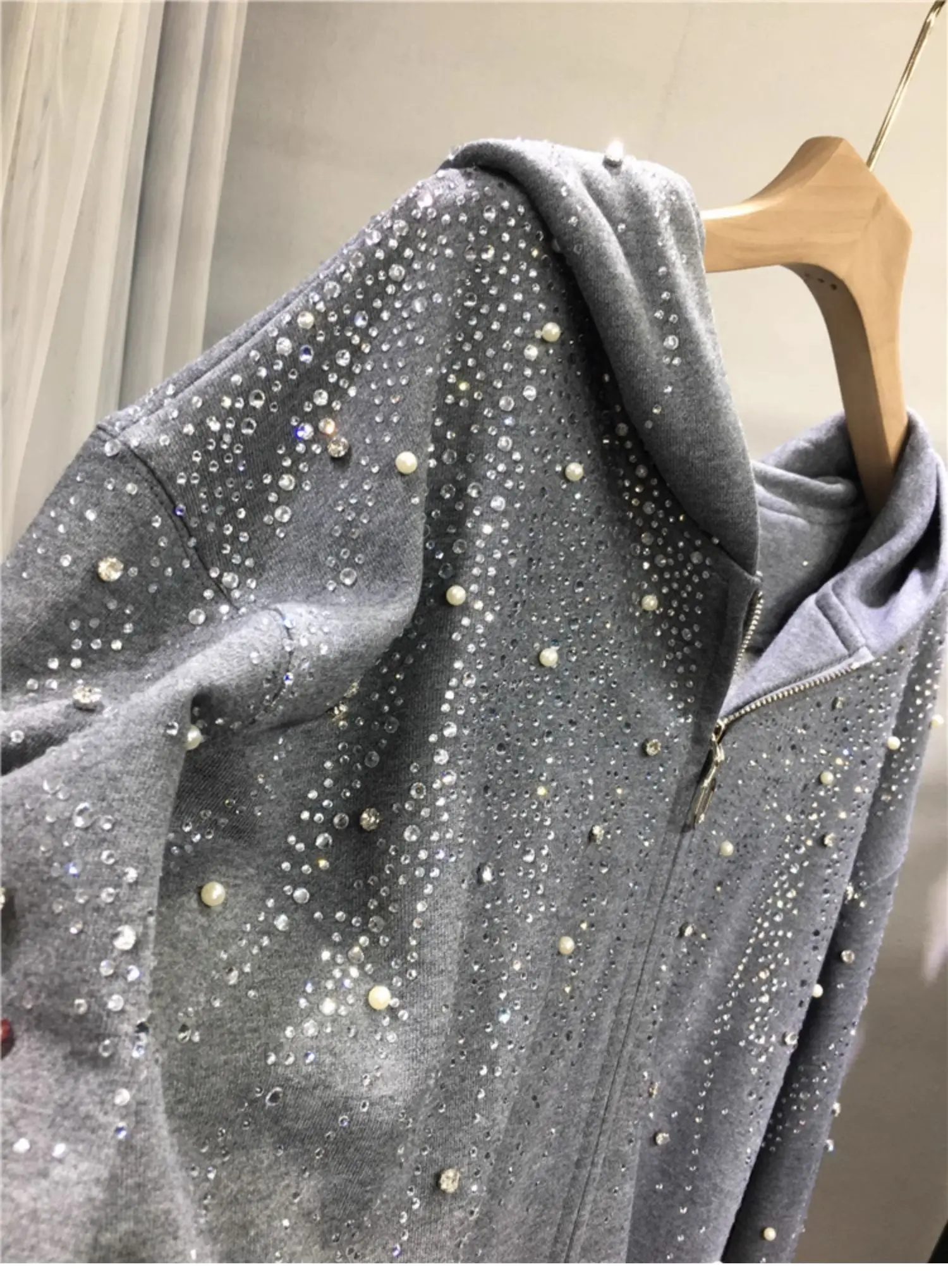 Fashion Rhinestone Jacket For Women's Loose Mid-Length Slimming Oversized Cardigan Cotton Coat Autumn Winter Long Sleeves Hoodie - Image 5