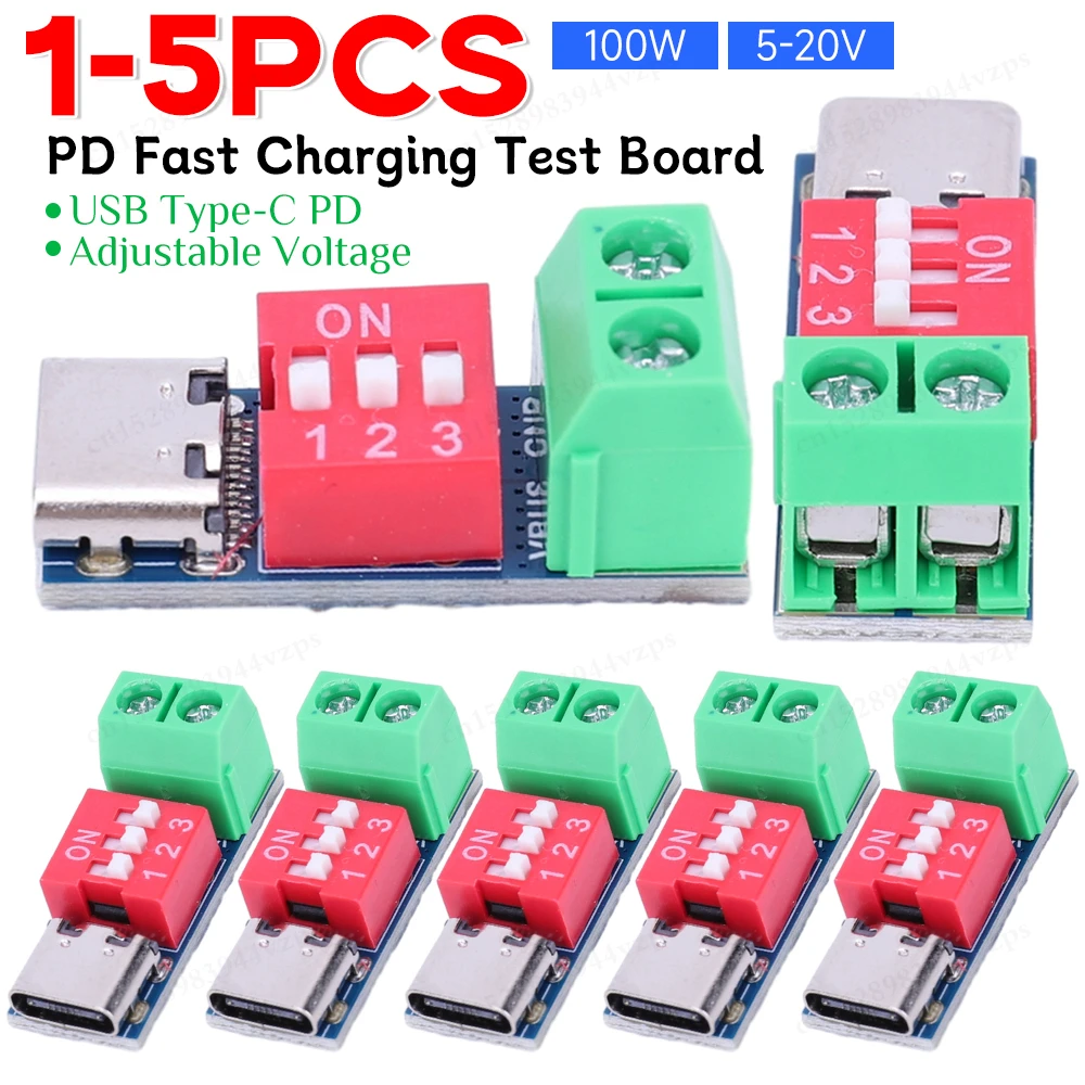 1-5PCS PD Fast Charging Test Board 5-20V Adjustable PD Trigger Board Module USB Type-C 100W Voltage Connetor Power Supply Access
