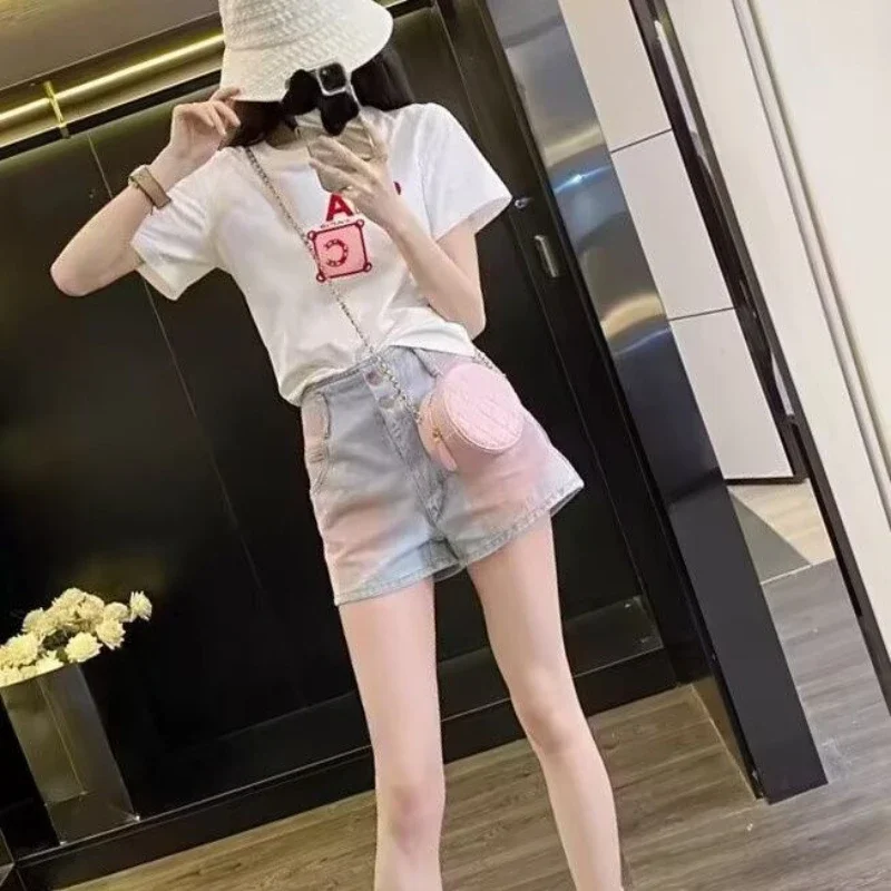 Mit Taillentasche, Farbverlauf, kurze Jeanshose, Damen, Y2k, Vintage-Trend, 2025, modische Kleidung, elastische Denim-Shorts für Damen