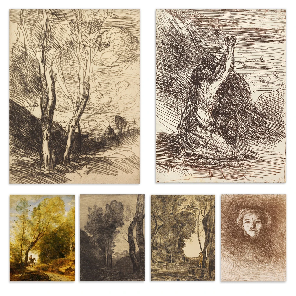 French painter Jean-Baptiste-Camille Corot, Knight in the Reeds, Roman suburbs, rural landscape, abstract line painting poster