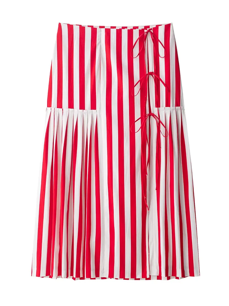 

Women's Red White Stripe Skirt Summer Ruffle Bow Midi Skirt Chic Fashion Elegant Women Holiday Beach Long Skirt 2025