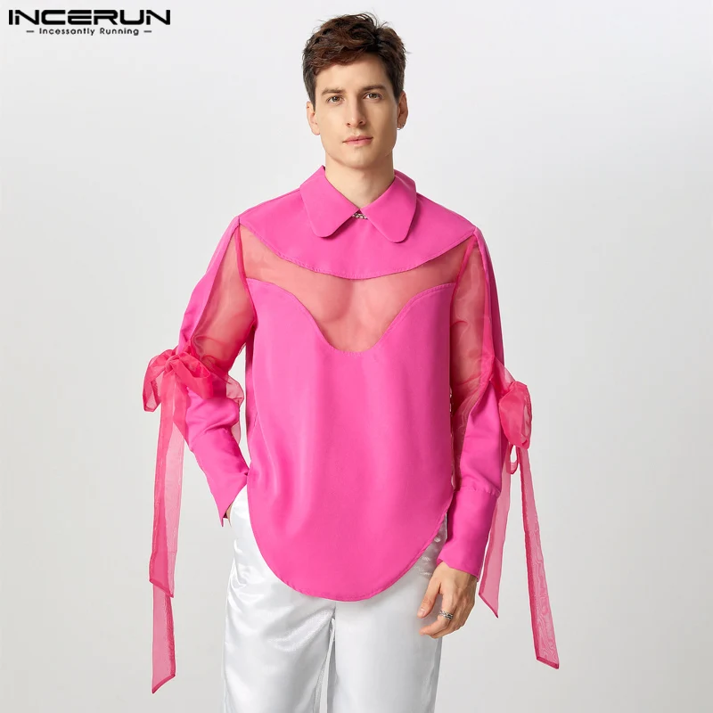 INCERUN Stylish Men's Tops Sexy Splicing See-through Bow Design T-shirts Casual Clubwear See-through Thin Long Sleeved Camiseta