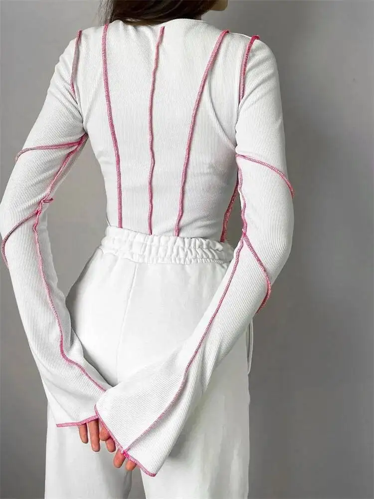 Vrouwen Patchwork T-shirts Chic Casual Lange Flare Mouw Ronde Hals Gebreide Geribbelde Tees Shirts Lente Herfst Straat Top