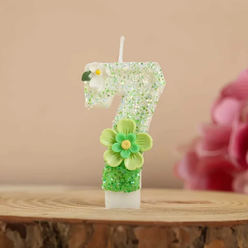 Gradient Green Sequin Number Candle with 3D Flower Ornament, Birthday Cake Topper Party Decor