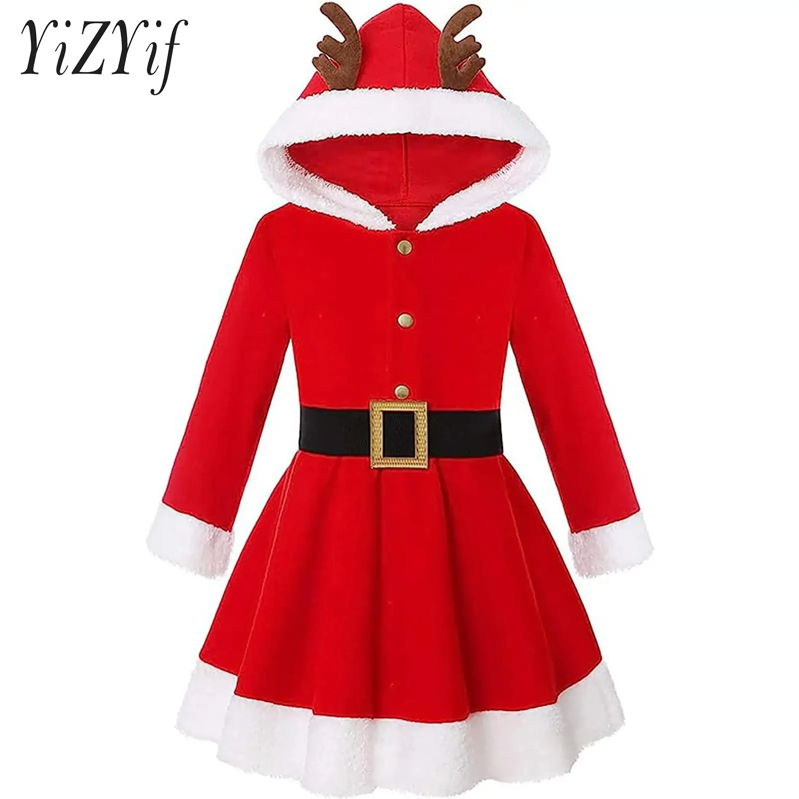 

Kids Girls Christmas Dress Santa Claus Dress Hooded Deer Ears Long Sleeve Fleece Dress A-line Christmas Dress with Waistband