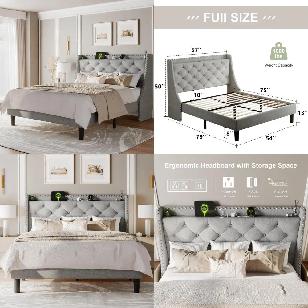 Luxury Wingback Full Size Bed Frame with Upholstered Button Tufted Storage Headboard and Fast Charging Station