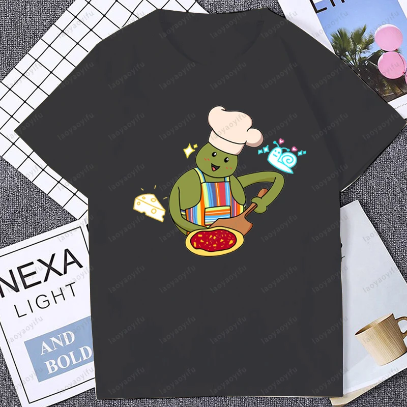 لطيف الفكاهة صغيرة الشيف البيتزا ميمي الجرافيك تي شيرت مطبوع موضة عادية فضفاض Harajuku رجل الشارع الشهير التنفس الراحة التي شيرت