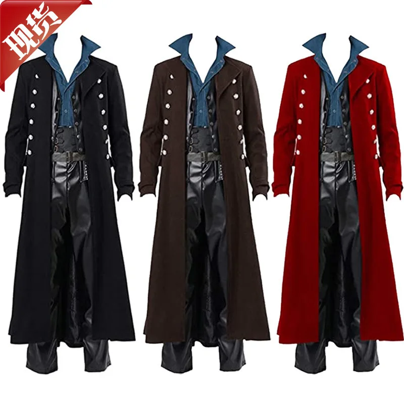 Mittelalter liche Steampunk Attentäter Elfen Piraten kostüm für Erwachsene schwarze Vintage lange geteilte Jacke Gothic Rüstung Mäntel Halloween