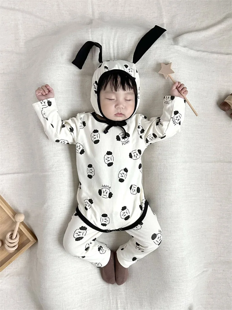 

Newborn Baby Boys Girls Bodysuits Clothes Cartoon Dogs Kawaii Long Sleeve Onesie Ropa Bebe With Hat Children's Clothing 3PCS