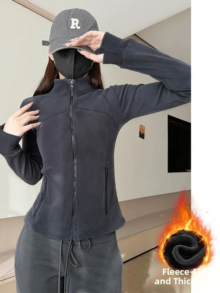 Korean Style Fleece Lined Short Hoodie Women's Slim Fit Thickened Warm Zipper Closure Polyester Fiber Pure Color Spring Autumn