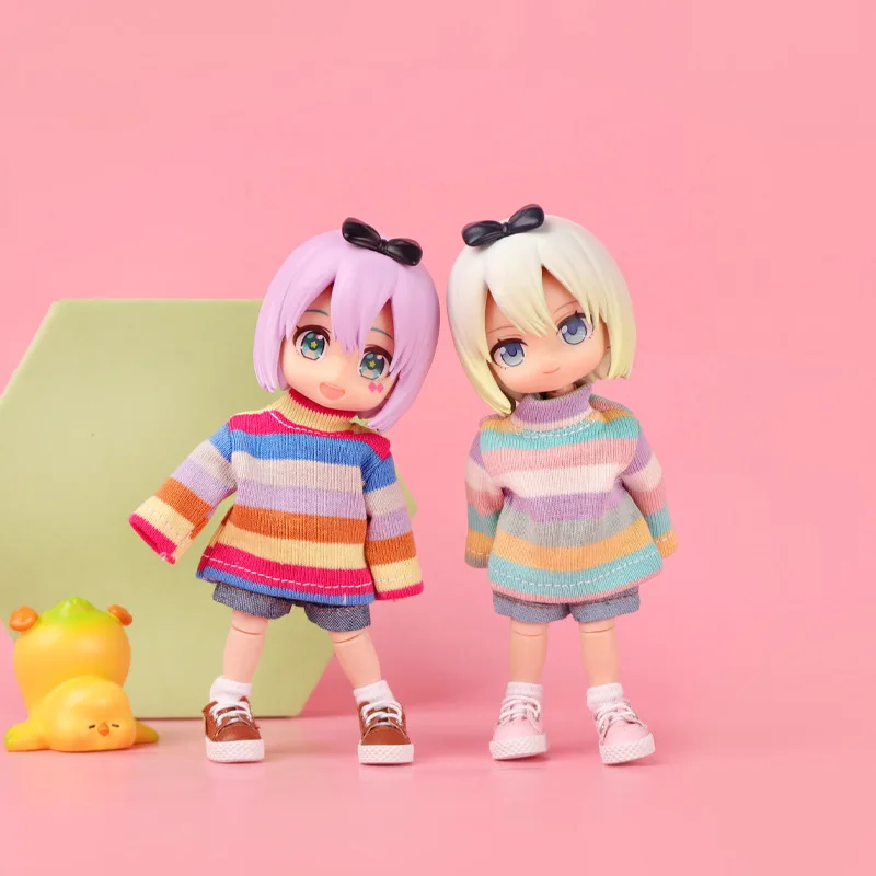 OB11 1/12 BJD GSC Rainbow Striped Doll Sweater With 3D Bear Rabbit Doll Pendant Doll Knit Top Doll Clothes Accessories Gift