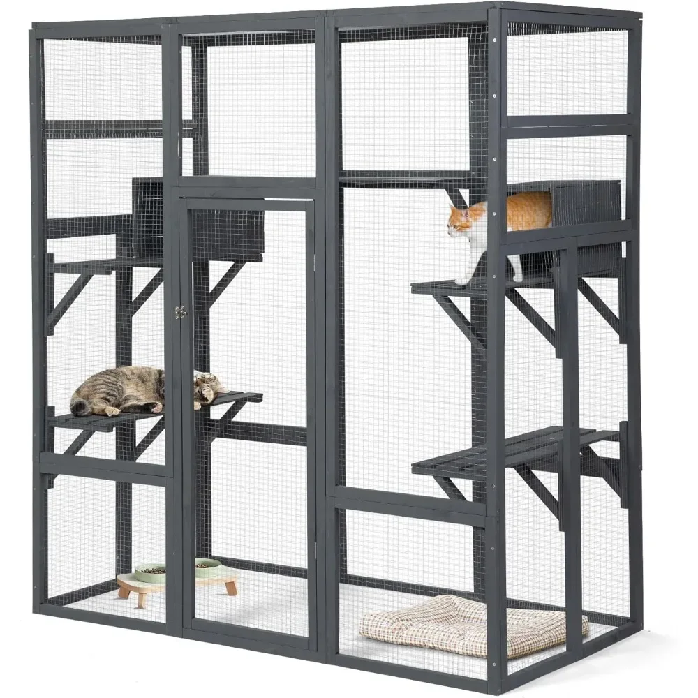 Kattenhuis, grote houten Catio buitenkattenbehuizing Kattenkooi en runbehuizingen Indoor Kitty Window Catio met waterdicht dak