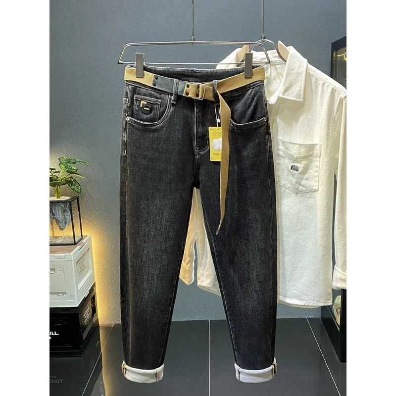 Winter Fleece-lined Warm Jeans Men's New Fashion Street Trend Stretch All-Matching Casual Tight Pants