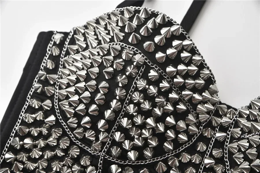 Punk Silver Rivets Off-shoulder Bralette Corset Women Sexy Lingerie Black Push Up Unwired Bra Top Dance Underwear Clubwear