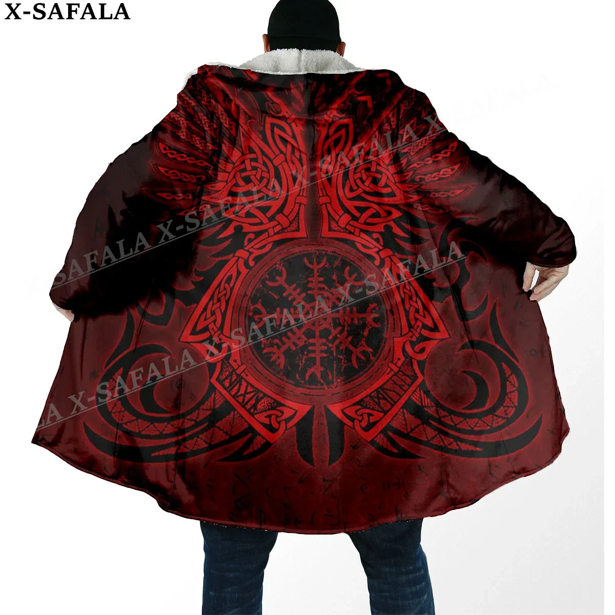 Norse Mythology Vegvisir Viking Symbol Thick Warm Hooded Cloak Men Overcoat Coat Windproof Fleece Cape Robe Hooded Blanket-255