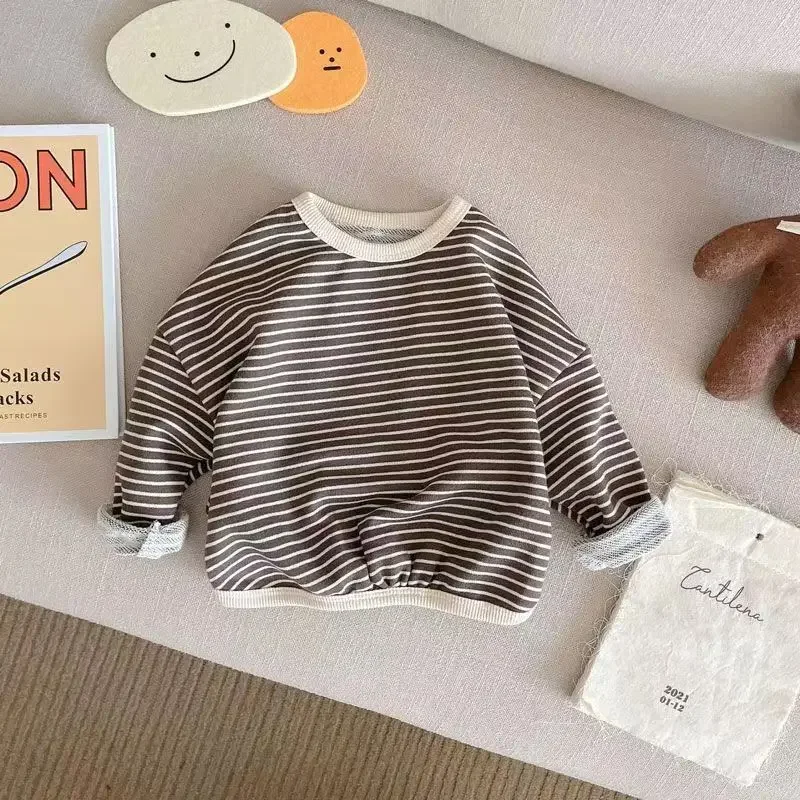 

Boys Sweaters Tees Spring Long Sleeve Korean Loose Striped Tops Children's T-shirts All-match Bottoming Girl Shirts