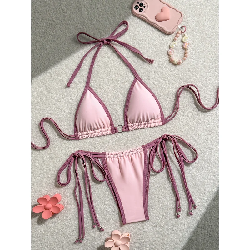 

New Solid Color Beaded Halter Neck Tie Sexy Backless Bikini Summer Beach Fashion Women's Swimsuit Cover