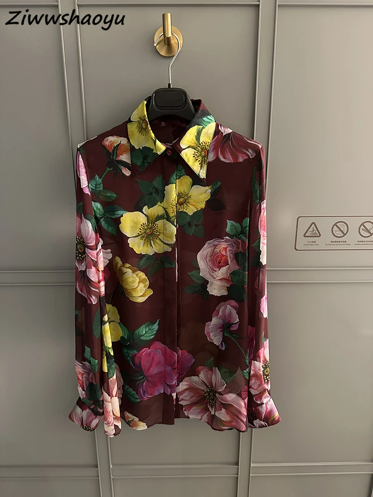 

High Quality Summer Women Fashion Runway Designer Real Silk Floral Printed Lantern Sleeve Loose Shirts + Pencil Split Skirt Suit