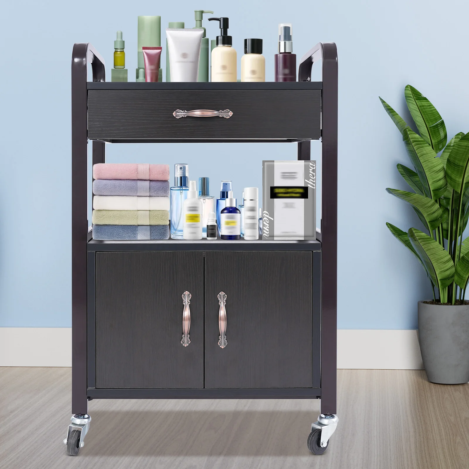 

Black Brown/White Rectangle Salon Storage Cabinet,Wooden Movable Beauty Organizer 51*33*83cm for Beauty Salons