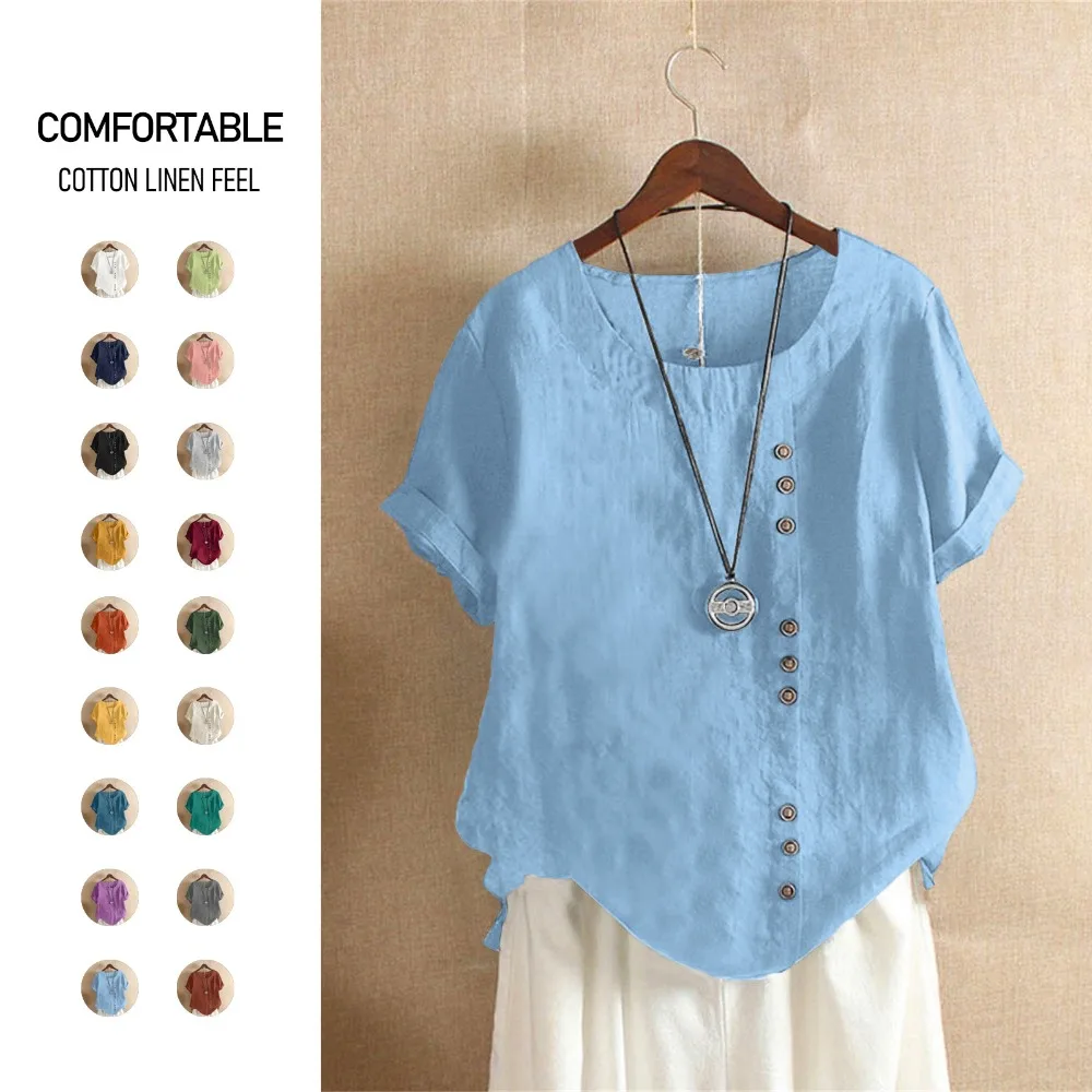 

2025 Summer Casual Linen Cotton Blouse Women Elegant Button Short Sleeve Shirt Plus Size Tanic Boho Tops and Blouses Streetwear