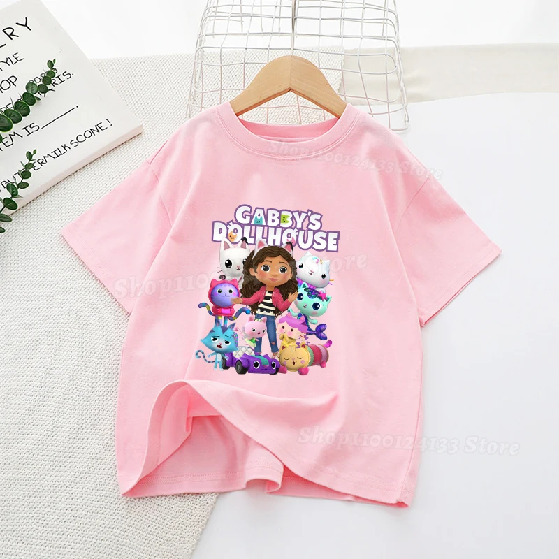 Dollhouses Gabbyed فتاة تي شيرت القطن لطيف أنيمي لعبة أطفال الوردي قصيرة الأكمام تي شيرت Kawaii ملابس الصيف ملابس الشارع الشهير غير رسمية