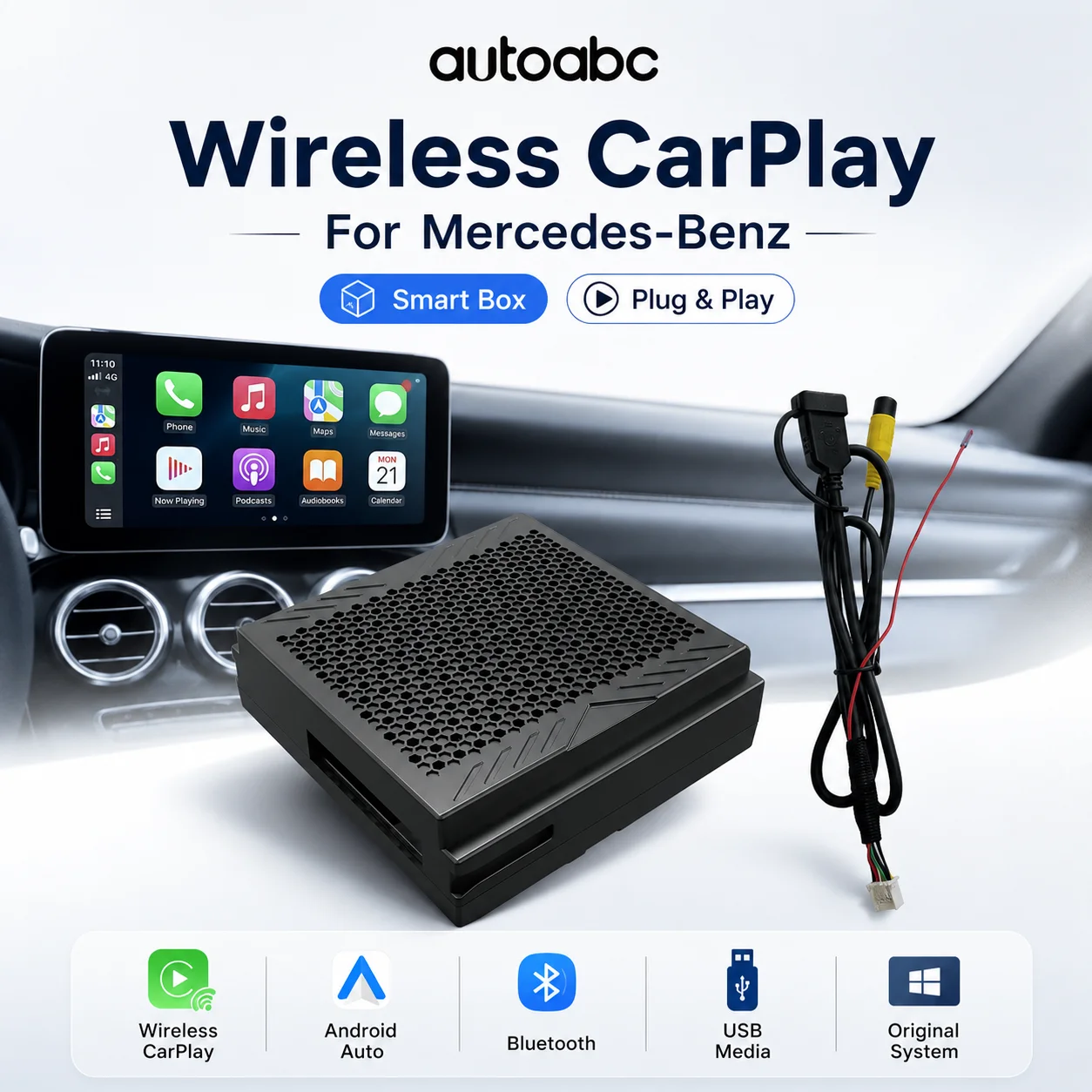 AUTOABC Bezprzewodowy moduł CarPlay Android Auto Becker do Mercedes Benz A B C E CLA GLA GLK ML Sprinter z systemem NTG 4.5, nawigacja GPS, Bluetooth, Mirror Link, sterowanie głosowe Siri, muzyka,