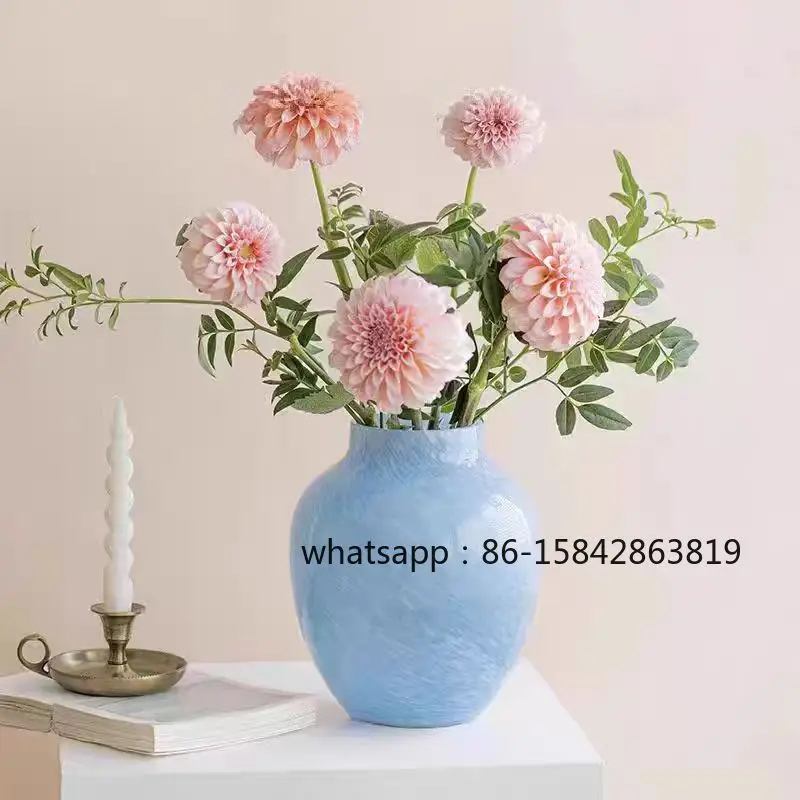 Nordic Cloud Texture Light Blue Big Belly Handmade Glass Vase Glass Living Room Entrance Flower Arrangement Housewarming Gift