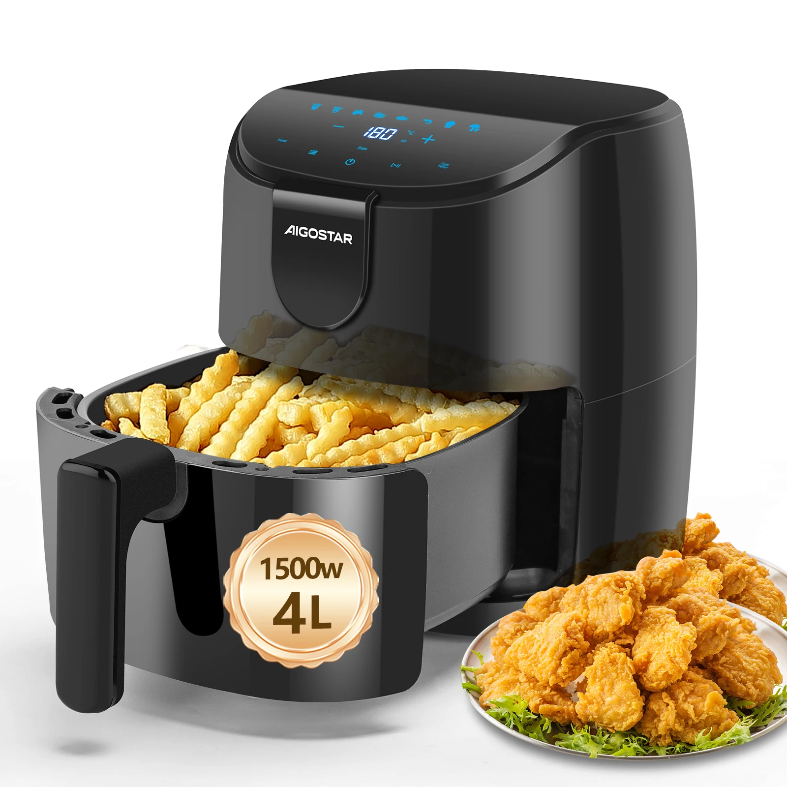 Aigostar Heißluftfritteuse 4L, 9 Programme Touchscreen-Luftfritteuse mit LCD Display, Heissluftfriteuse klein ohne Öl, schnelleres Vorheizen, Antihaft-Beschichtung für Einfache Reinigung, 1500W