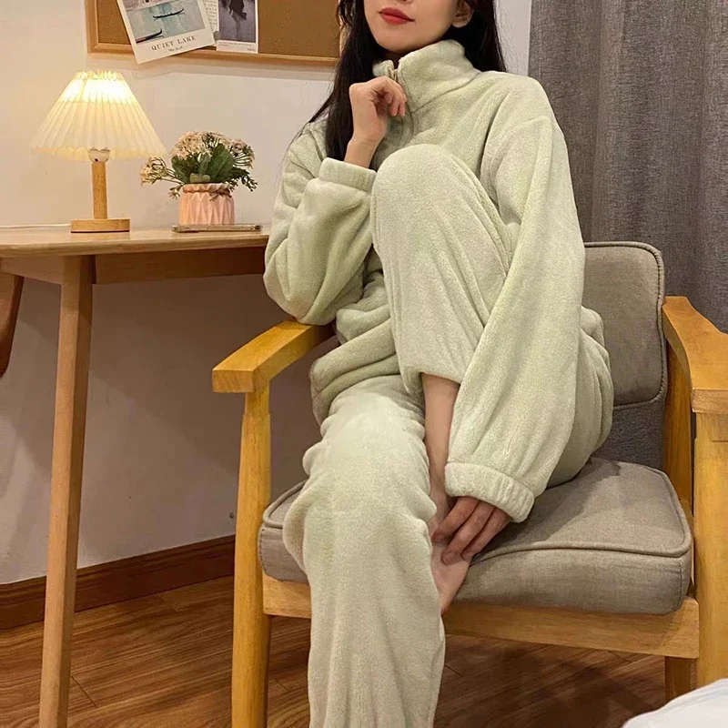 HELIAR Women Warm Fleece Suit Pullover And Pants Sets Casual Mock Neck Sets Women Home Velvet Thermal Sets Autumn Winterv