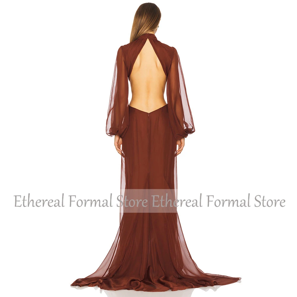 Modern Women's Evening Gown Mermaid Chiffon Formal Prom Dress Floor Length High Neck Party Dress Long Sleeves Saudi Dress