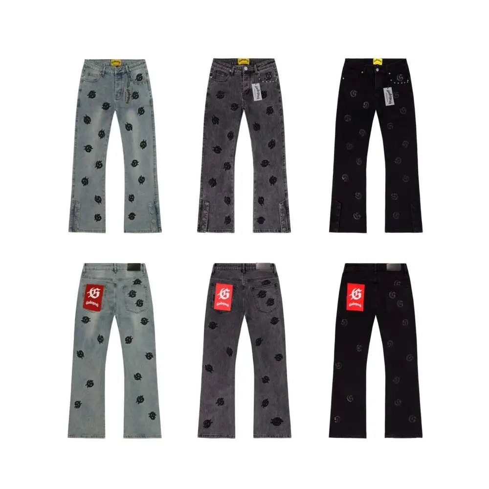 

American Sle Godspeed Waed Embroidered Jeans orts Men's High Street Trendy Brand Micro Flare Long Pants Women's