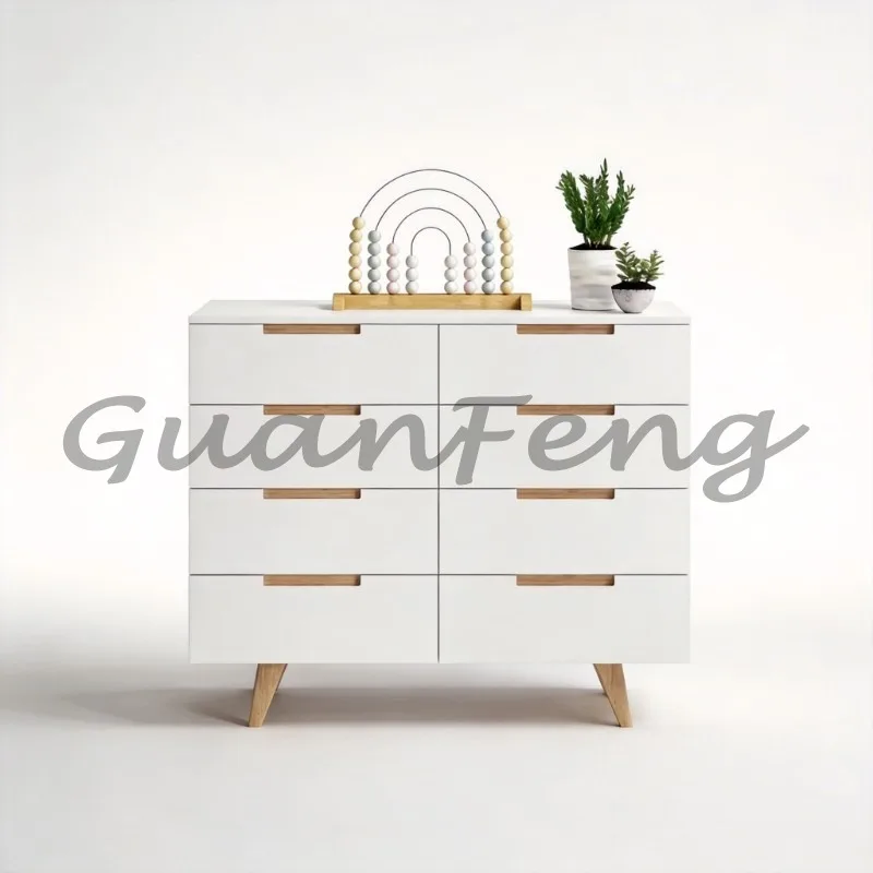 White Wooden 6‑Drawer Lowboy Chest of Drawers, Storage Dresser Cabinet With Sturdy Solid Oak Legs, Bedroom Organizer Furniture