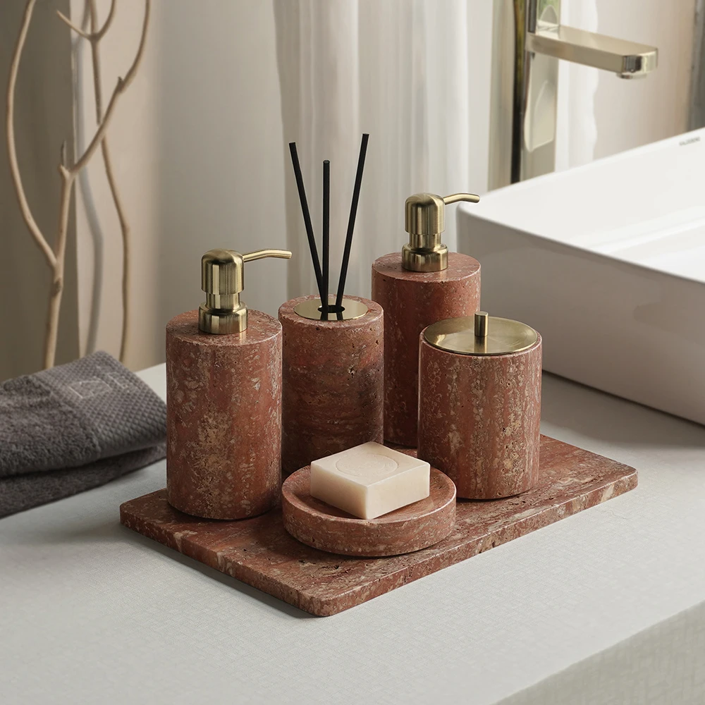 

Red Travertine Bathroom Accessories Set Vintage Soap Holder Soap Dispenser Cotton Swab Jar Vanity Tray Bathroom Set