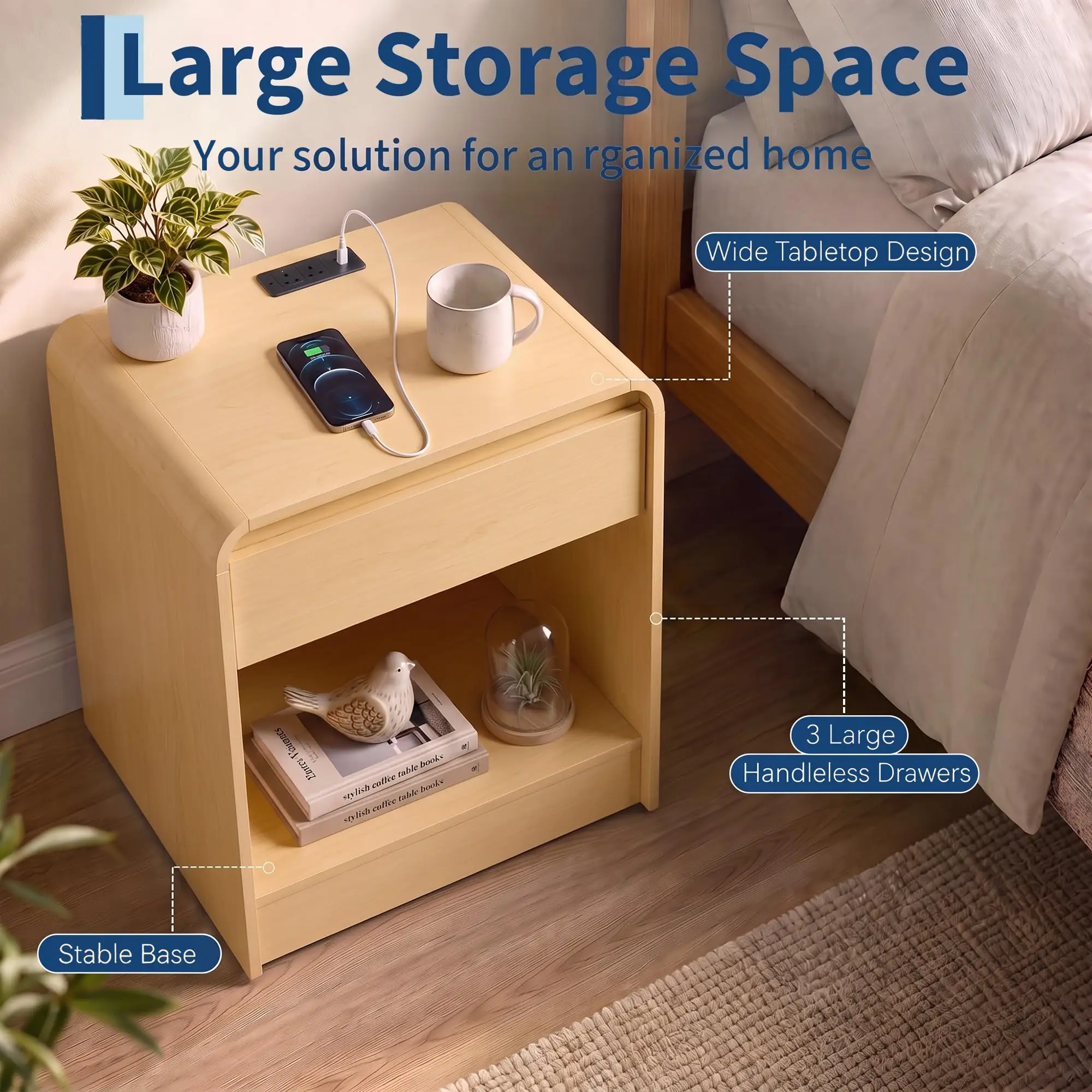 Modern Curved Bedside Table with Drawers & Open Shelf – Wood Grain Finish Bedside Table with Cable Management Hole, 23.62