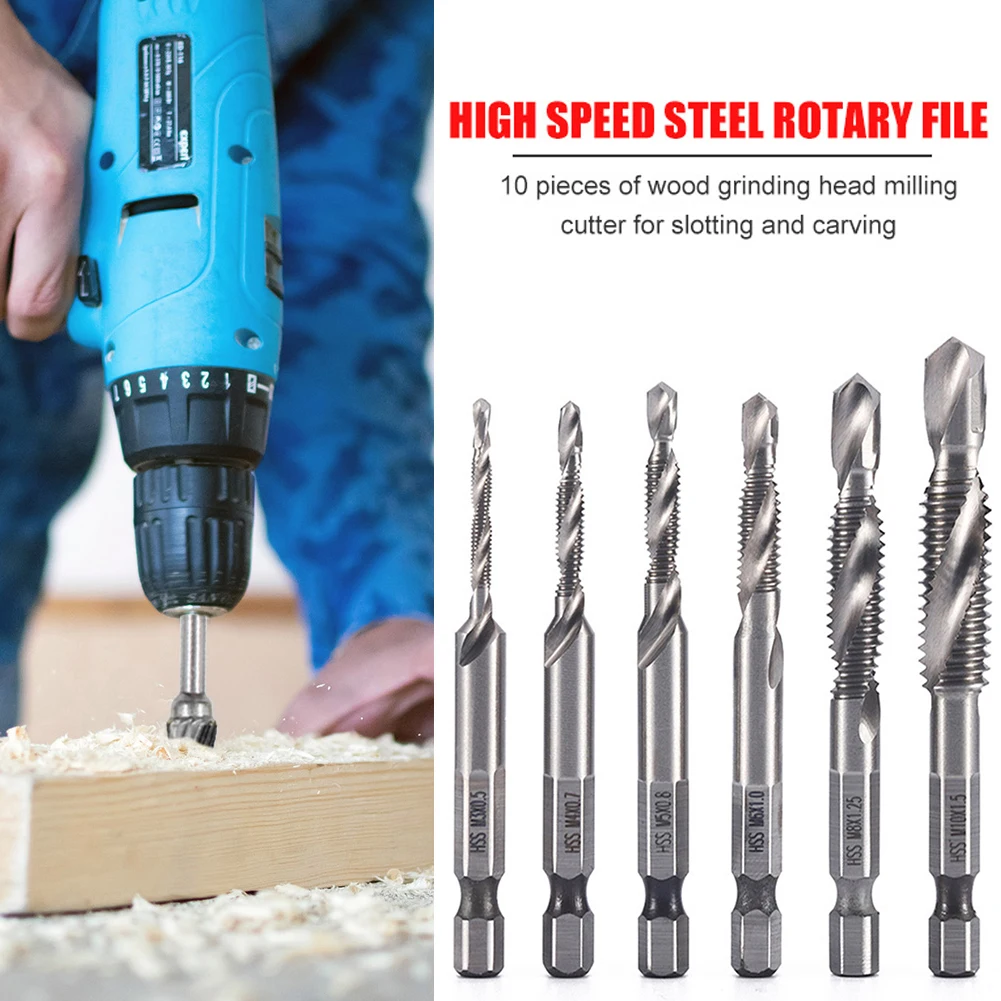 6pcs M3-M10 Combination Drill Tap Bit Set HSS Screw Tapping Bit Hex Shank Metal Drill Bit Set Woodworking Tools