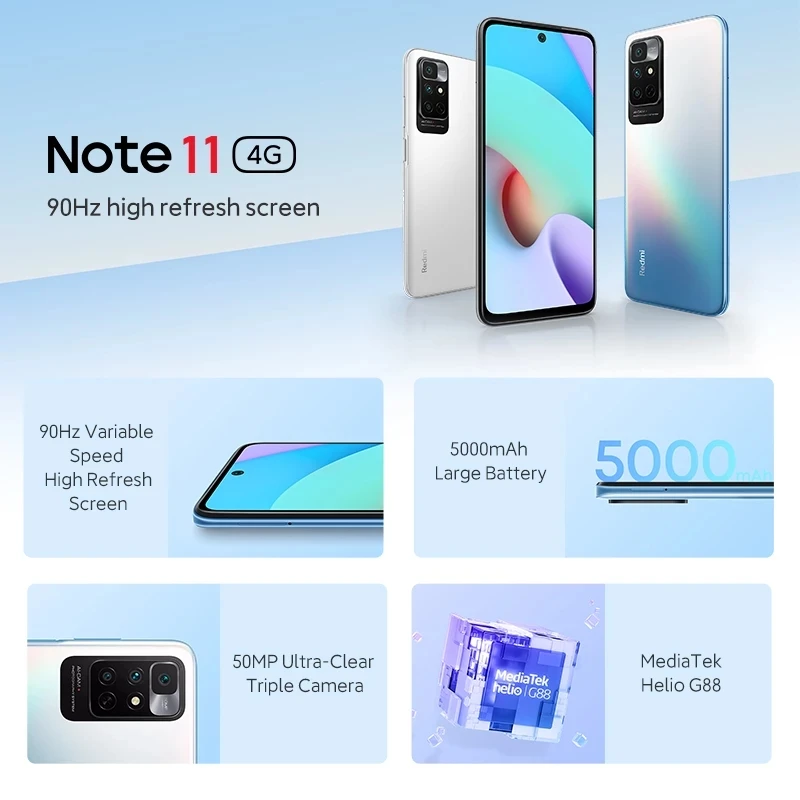 ROM العالمي Xiaomi Redmi Note 11 5G 5000mAh 18W شحن 50MP كاميرا ثلاثية 6.5 ''90 هرتز عرض MTK HelioG88 ثماني النواة 5G الهاتف الذكي