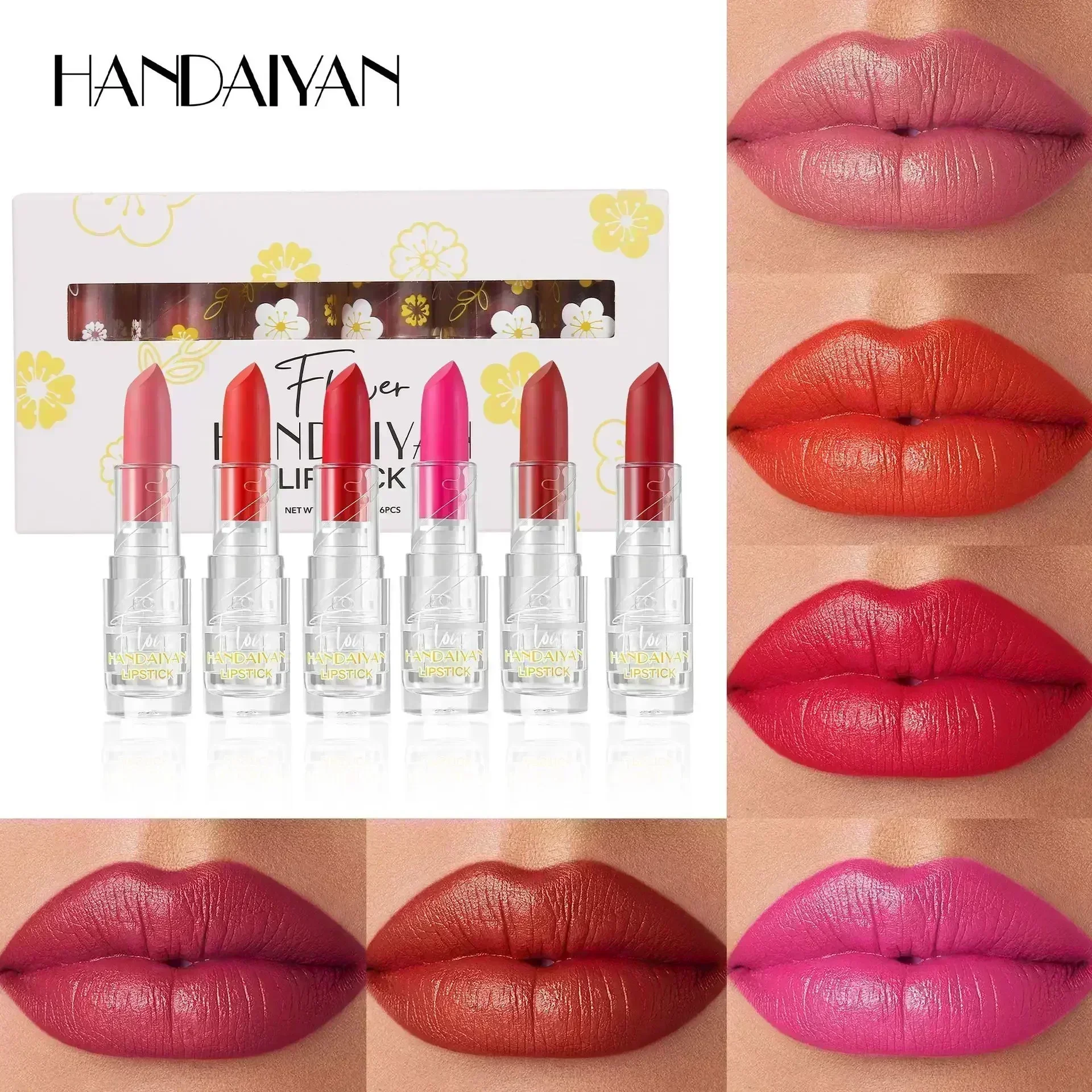 

HANDAIYAN 6 Pcs Lipstick Set Velvet Matte Smooth Finish Moisturize Waterproof Long Lasting Lipstick Cosmetics Festival Gift 3g*6