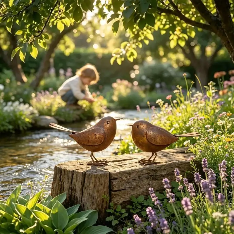 Rusty Metal Bird Figurines 2Pcs Retro Garden Yard Decor for Flower Beds Patios Lawns Farmhouse Art Decoration