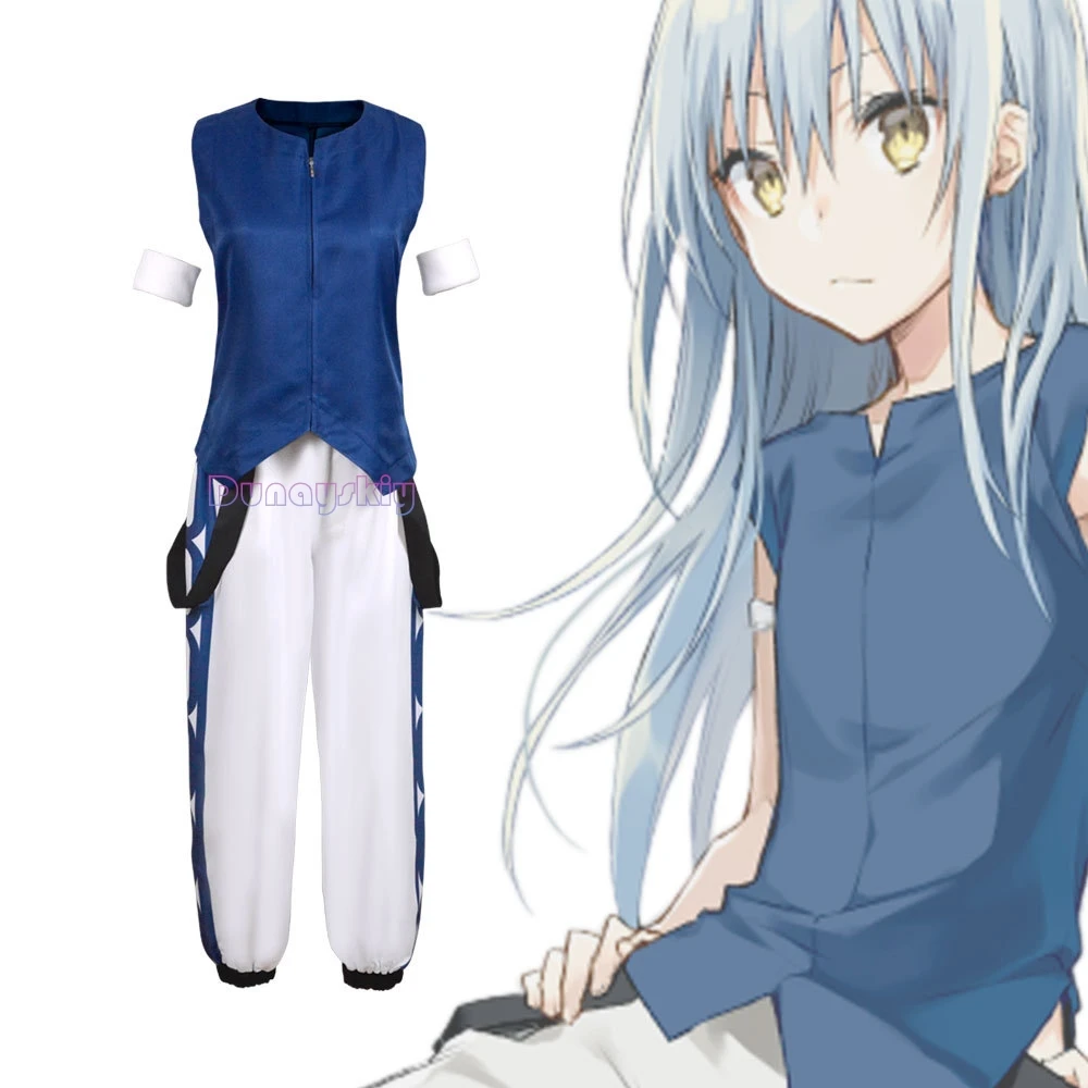 Rimuru disfraz de Cosplay, peluca de Anime, camisa azul, pantalones, uniforme, accesorios para el cabello