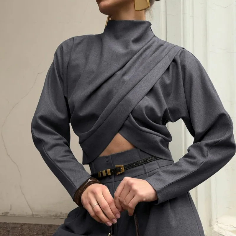 Autumn Grey High-neck Crop Top Set Women's Drape Wide-leg Dress Pants Commuting Atmosphere and Style Two-piece Set Individuality