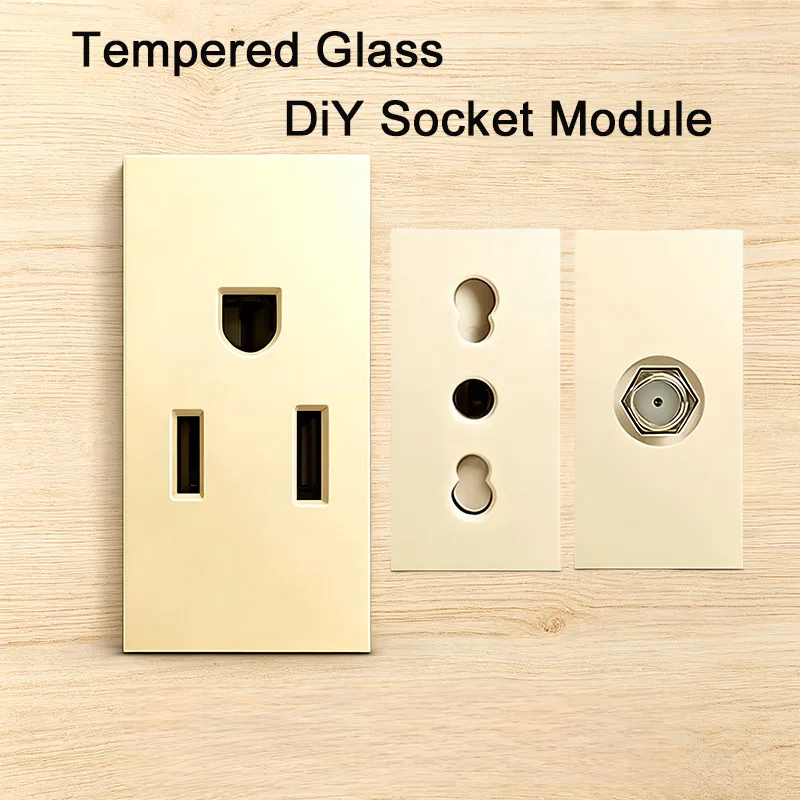 2x4 Inch Tempered Glass Golden DIY Modular Wall Plate NEMA 5-15R Duplex Outlet Interchangeable Socket Modules For EU/US/Italy
