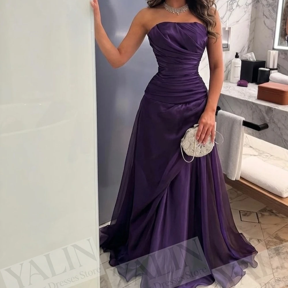 

Women's A-line Evening Dresses Floor-length Strapless Sleeveless Prom Dresses Fashion Pleat Simple Draped Customized Gowns