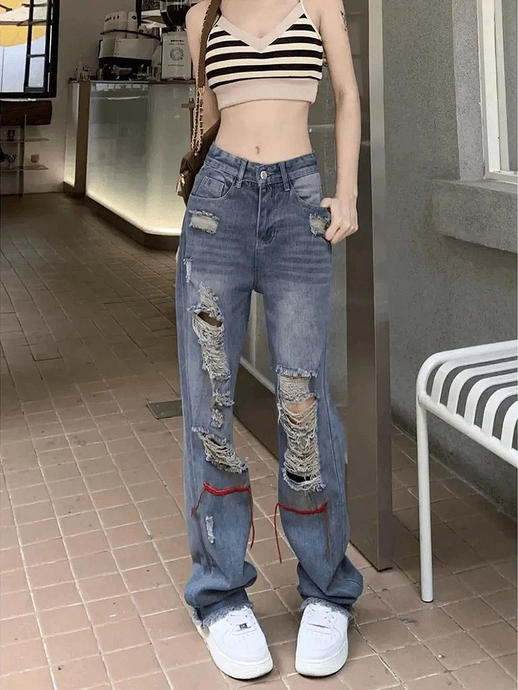 

High Waist Wide Leg Harajuku Sle Denim Jeans Women Loose Fit Summer Trendy Personali Straight Casual Trousers